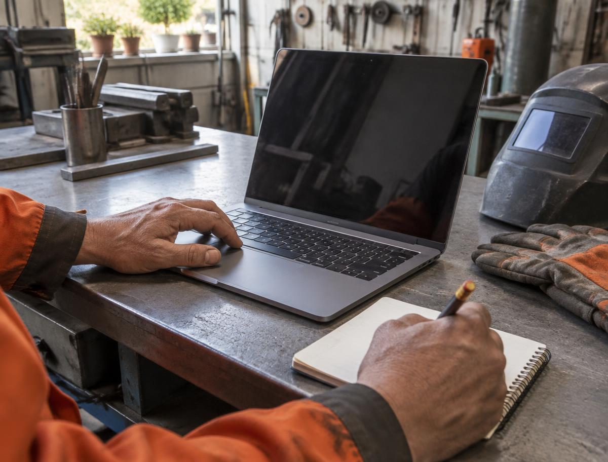 Manos usando un portátil y tomando notas en un banco de trabajo
